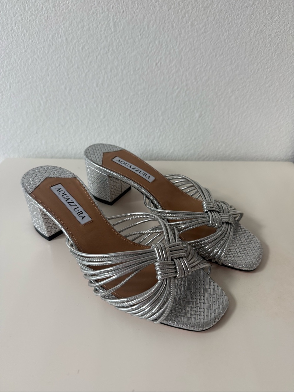 Aquazzura Metallic Silver Club 50 Block Heel Mule